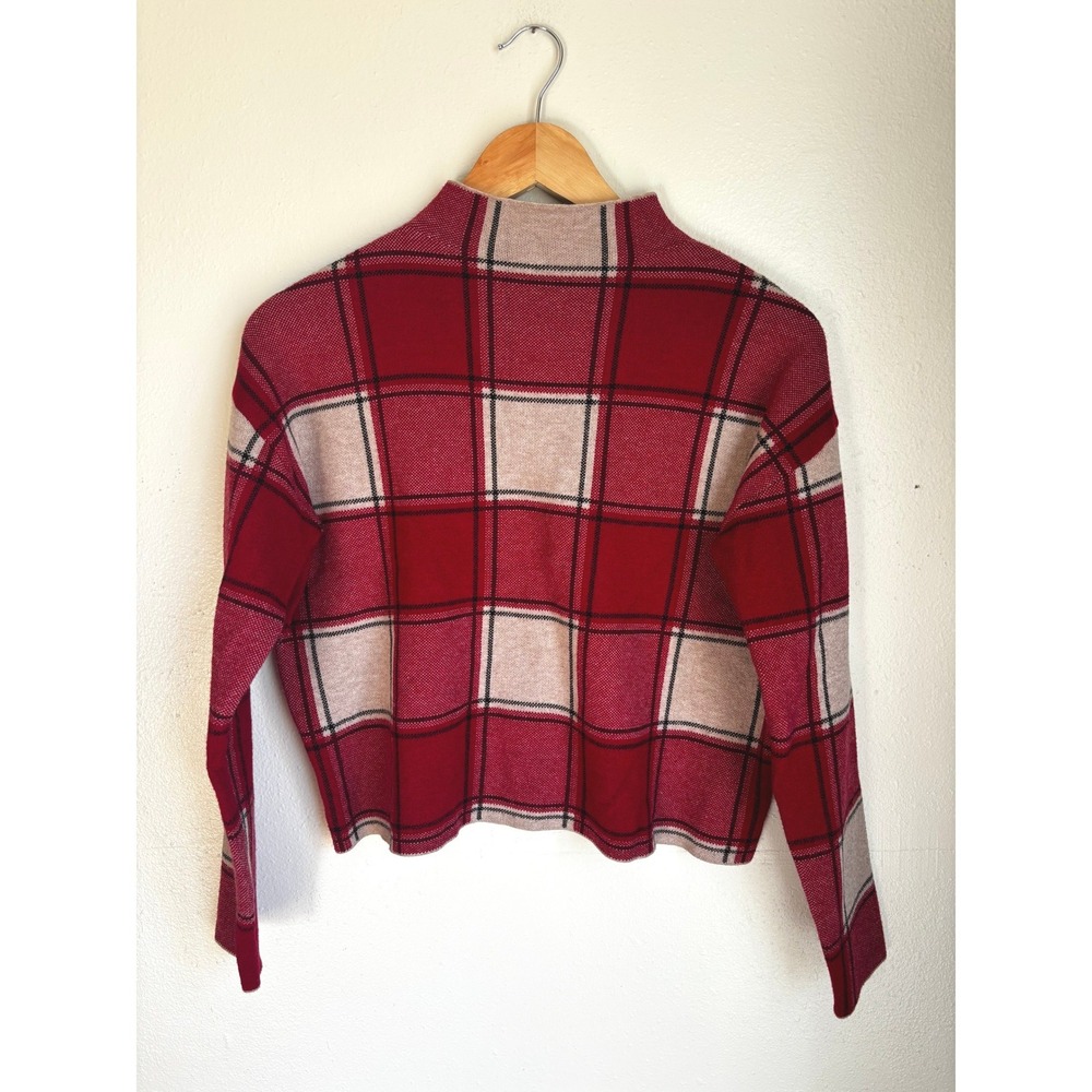 Tahari Womens Red Plaid Mock Neck Sweater Long Sleeve Boxy Knit Top Medium - Picture 2 of 7